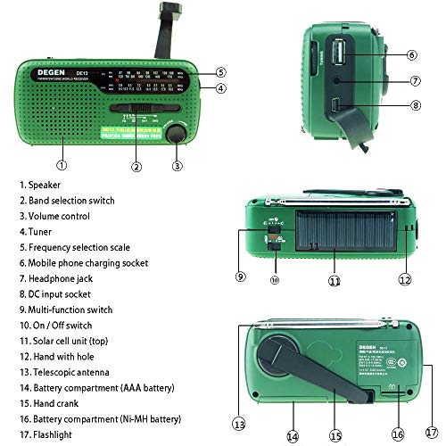 DEGEN DE13 FM AM SW Crank Dynamo Solar Power Emergency Radio A0798A World Receiver(Green)