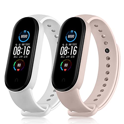 DEOU 2 Pack Correa Compatible con Xiaomi Mi Band 6 / Xiaomi Mi Band 5 / Amazfit Band 5,Coloridos Suave Silicona Pulseras de Repuesto para Mi Band 5 & Mi Band 6 & Amazfit Band 5(Blanco/Rosa Sand)