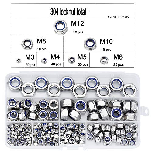 DESON 190 Pcs Tuercas Autoblocantes Hexagonal, Contratuercas de Nylón de Acero Inoxidable - M3 M4 M5 M6 M8 M10 M12