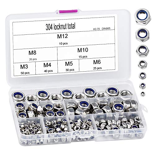 DESON 190 Pcs Tuercas Autoblocantes Hexagonal, Contratuercas de Nylón de Acero Inoxidable - M3 M4 M5 M6 M8 M10 M12