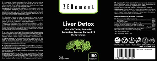 Detox Hígado, 180 Cápsulas, con Cardo Mariano, Alcachofa, Diente de León, Acerola, Cúrcuma y Bioflavonoides | Depurativo, antioxidante, mejora la digestión | Natural, Vegano, No-GMO | de Zenement