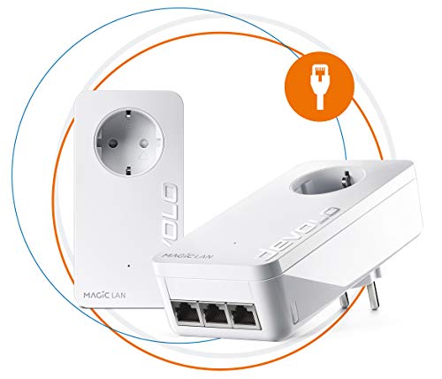 Devolo Magic 2 LAN – 2400 triple Starter Kit: Set adapt. Powerline LAN rápido para su red doméstica de alta velocidad, adecuado para la Home Office (2400 Mbit/s, 4 x conexiones GB LAN, G.hn), blanco