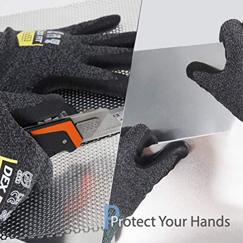 DEX FIT Guantes de Trabajo, Ajuste Cómodo Elástico 3D, Buen Agarre, Recubrimiento de Espuma Duradero de Nitrilo, Táctil, Lavable en la Lavadora, Fino y Ligero, 1 Pare (XS, Cut 5 Black Grey Cru553 1pr)