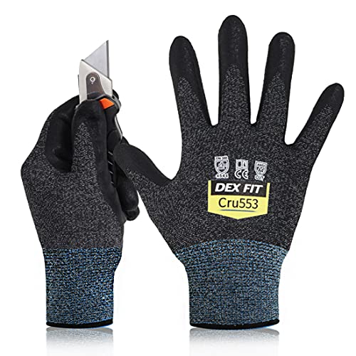 DEX FIT Guantes de Trabajo, Ajuste Cómodo Elástico 3D, Buen Agarre, Recubrimiento de Espuma Duradero de Nitrilo, Táctil, Lavable en la Lavadora, Fino y Ligero, 1 Pare (XS, Cut 5 Black Grey Cru553 1pr)