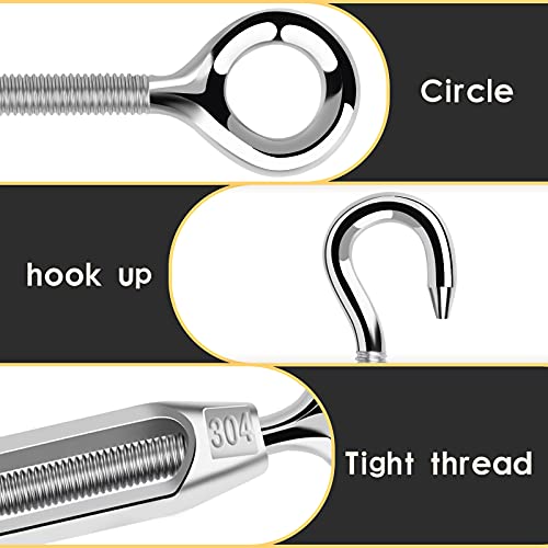 DEXIDUO Tensor de cable de tensor de paquete de 6, tensor de acero inoxidable 304 Tensor de gancho y ojo ajustable Tensor de cable de alambre Adecuado para tensores de cuerda de hilo