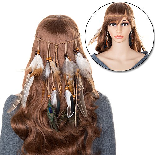 Diadema India Plumas, Czemo Boho Hippie Beads Headwear Headband Indio de la Pluma para Mujeres Niñas