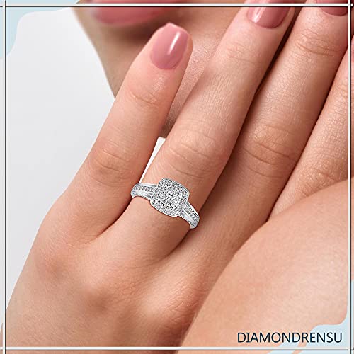 Diamondrensu Anillo de boda redondo de plata de ley 0,68 CTW de moissanita incolora para mujeres y niñas, anillo de compromiso de doble halo, anillo redondo, Piedra preciosa. Metal precioso.,