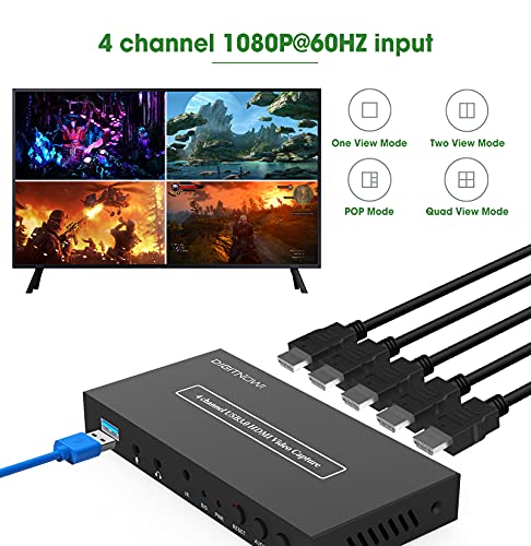 DIGITNOW! Tarjeta de Captura de vídeo para Juegos de 4 Canales USB3.0 1080P 60fps HDMI con Salida 3.5 estéreo, compatibilidad múltiple