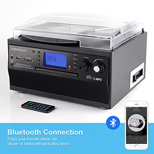 DIGITNOW! Tocadiscos Bluetooth Plato Giradiscos Plato Vinilo, CD, Cassette, Encoding, USB, SD, MMC, Am, FM, 3 velocidades, 33/45/78 RPM,con Dos Externo Altavoces