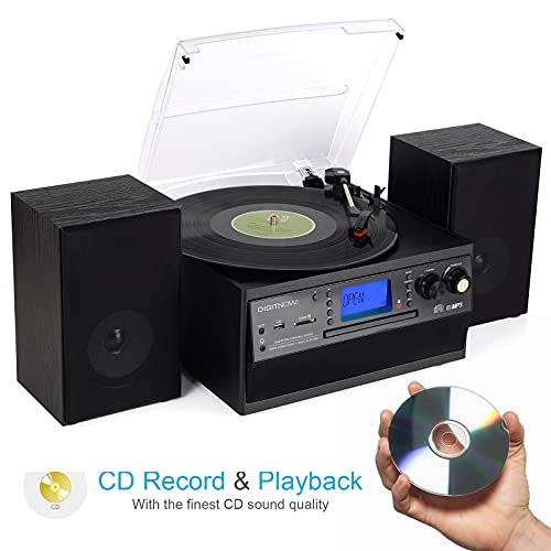 DIGITNOW! Tocadiscos Bluetooth Plato Giradiscos Plato Vinilo, CD, Cassette, Encoding, USB, SD, MMC, Am, FM, 3 velocidades, 33/45/78 RPM,con Dos Externo Altavoces