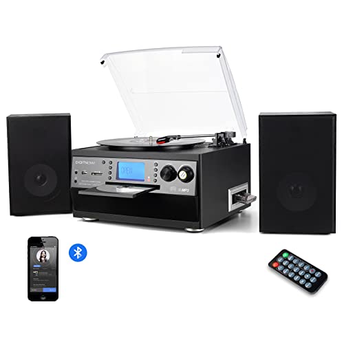 DIGITNOW! Tocadiscos Bluetooth Plato Giradiscos Plato Vinilo, CD, Cassette, Encoding, USB, SD, MMC, Am, FM, 3 velocidades, 33/45/78 RPM,con Dos Externo Altavoces