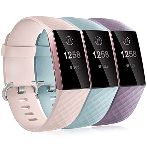 Dirrelo 3 Pack Compatible con Fitbit Charge 3/Fitbit Charge 4/Charge 3 SE Correa para Mujeres Hombres, Pulsera Deportiva de Repuesto Ajustable de Silicona Suave para, BLU Menta+Rosa+Viola S