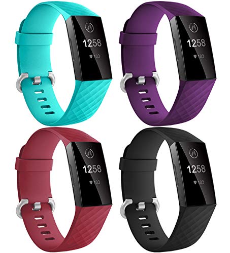 Dirrelo Compatible con Correa Fitbit Charge 3/Fitbit Charge 4 para Mujeres Hombres, 4 Pack Impermeable Ajustable Silicona Reemplazo Deporte Pulseras para Charge 3/4/SE, Roja+Turquesa+Negro+Ciruela S