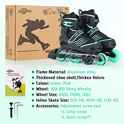 DISUPPO Patines en Línea Niños Niñas, Patín sobre Ruedas Iluminadas Inline Skates Ajustables Adultos, Patines Infantiles con Luces, Ruedas de PU (Talla EU 31-42) (Verde, L)