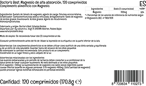 Doctor's Best, Magnesio de Alta Absorción, 100% Quelado con TRAACS, con Glicina y Lisina, 120 Comprimidos veganos, Probado en Laboratorio, Sin Soja, Sin Gluten, No GMO