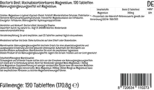 Doctor's Best, Magnesio de Alta Absorción, 100% Quelado con TRAACS, con Glicina y Lisina, 120 Comprimidos veganos, Probado en Laboratorio, Sin Soja, Sin Gluten, No GMO