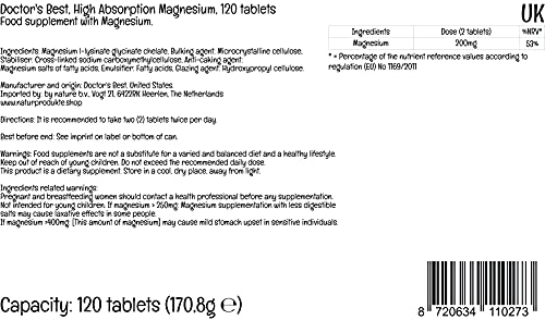 Doctor's Best, Magnesio de Alta Absorción, 100% Quelado con TRAACS, con Glicina y Lisina, 120 Comprimidos veganos, Probado en Laboratorio, Sin Soja, Sin Gluten, No GMO