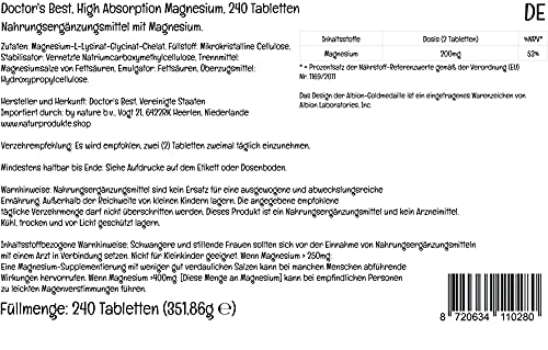 Doctor's Best, Magnesio de Alta Absorción, 100% Quelado con TRAACS, con Glicina y Lisina, 240 Comprimidos veganos, Probado en Laboratorio, Sin Soja, Sin Gluten, No GMO