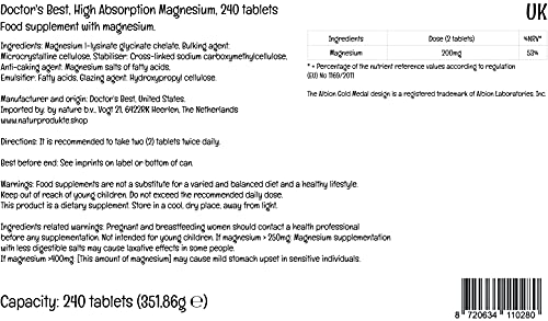 Doctor's Best, Magnesio de Alta Absorción, 100% Quelado con TRAACS, con Glicina y Lisina, 240 Comprimidos veganos, Probado en Laboratorio, Sin Soja, Sin Gluten, No GMO