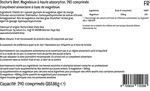 Doctor's Best, Magnesio de Alta Absorción, 100% Quelado con TRAACS, con Glicina y Lisina, 240 Comprimidos veganos, Probado en Laboratorio, Sin Soja, Sin Gluten, No GMO