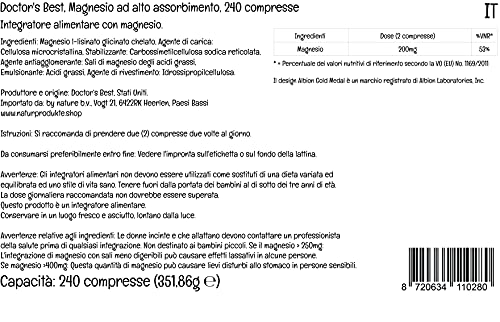 Doctor's Best, Magnesio de Alta Absorción, 100% Quelado con TRAACS, con Glicina y Lisina, 240 Comprimidos veganos, Probado en Laboratorio, Sin Soja, Sin Gluten, No GMO