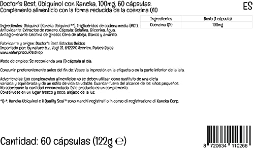 Doctor's Best, Ubiquinol con Kaneka, Coenzima Q10, 100 mg, 60 Cápsulas blandas, Altamente Dosificado, Probado en Laboratorio, Sin Soja, Sin Gluten, No GMO, Vegetal
