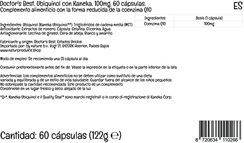 Doctor's Best, Ubiquinol con Kaneka, Coenzima Q10, 100 mg, 60 Cápsulas blandas, Altamente Dosificado, Probado en Laboratorio, Sin Soja, Sin Gluten, No GMO, Vegetal