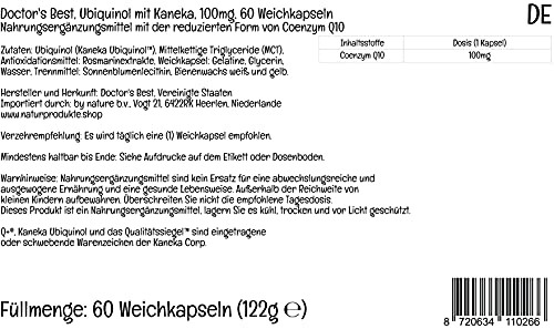 Doctor's Best, Ubiquinol con Kaneka, Coenzima Q10, 100 mg, 60 Cápsulas blandas, Altamente Dosificado, Probado en Laboratorio, Sin Soja, Sin Gluten, No GMO, Vegetal