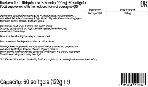 Doctor's Best, Ubiquinol con Kaneka, Coenzima Q10, 100 mg, 60 Cápsulas blandas, Altamente Dosificado, Probado en Laboratorio, Sin Soja, Sin Gluten, No GMO, Vegetal