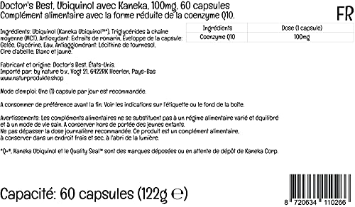 Doctor's Best, Ubiquinol con Kaneka, Coenzima Q10, 100 mg, 60 Cápsulas blandas, Altamente Dosificado, Probado en Laboratorio, Sin Soja, Sin Gluten, No GMO, Vegetal