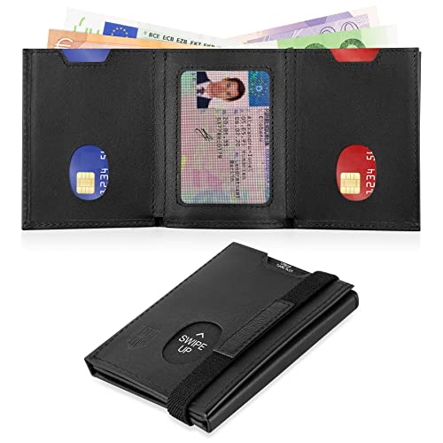 DODENSHA Billetera Hombre Pequeña Carteras para Hombre RFID Tarjetero Monedero Hombre Cartera Cuero Hombre Piel con Cremallera, 6 Ranuras para Tarjetas, 1 Ranuras para ID, Banda Elástica (Negro)