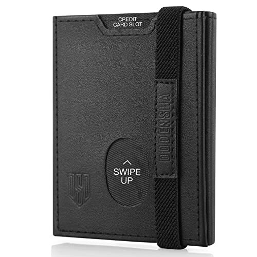 DODENSHA Billetera Hombre Pequeña Carteras para Hombre RFID Tarjetero Monedero Hombre Cartera Cuero Hombre Piel con Cremallera, 6 Ranuras para Tarjetas, 1 Ranuras para ID, Banda Elástica (Negro)