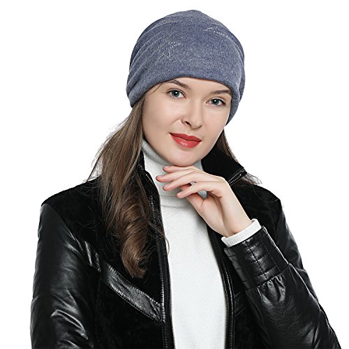 DonDon Mujer Gorro de Invierno con Estrella Plata estrás Estrella e Forro Interior Suave - Azul