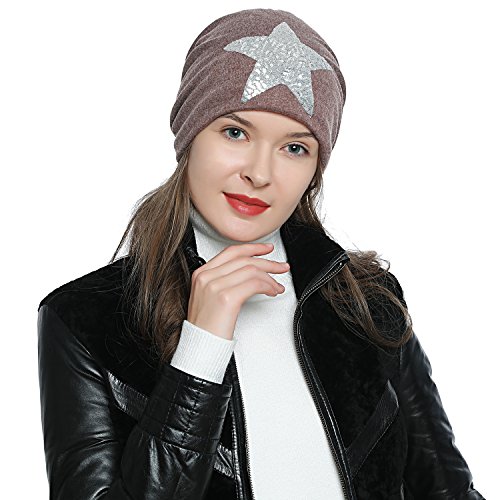 DonDon Mujer Gorro de Invierno con Estrella Plata Paillettes Estrella e Forro Interior Suave - marrón