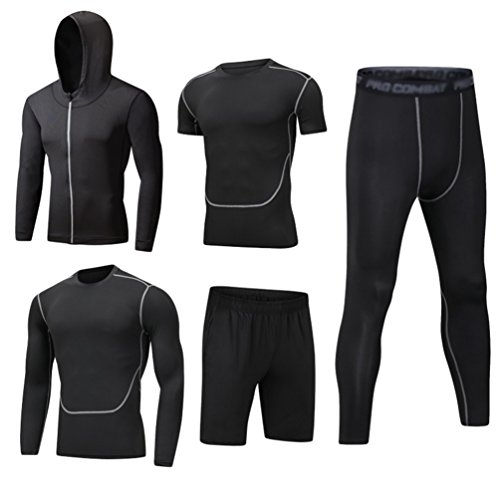 Dooxii Hombre 5 Piezas Secado Rápido Conjunto Compresión Ropa Sudaderas con Capucha y Pantalones Cortos y Leggings y Manga Corta y Manga Larga Tops Apretada para Running Fitness Entrenamiento 3XL