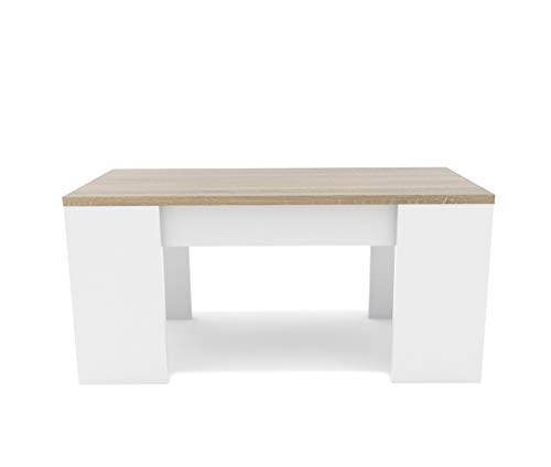 Dormidan- Mesa de Centro elevable, Comedor o Auxiliar, Mayor Grosor y Estabilidad (Blanco Tapa Roble) …