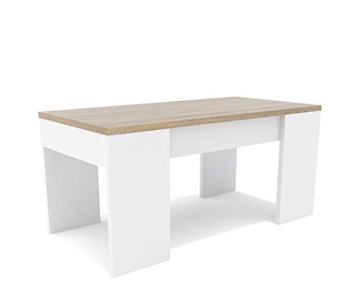 Dormidan- Mesa de Centro elevable, Comedor o Auxiliar, Mayor Grosor y Estabilidad (Blanco Tapa Roble) …