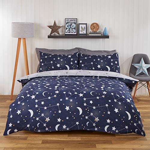 Dreamscene Juego de Cama Reversible con Estampado de Cielo Nocturno, Polialgodón, Estrellas de Color Azul Marino y Gris, Suelto