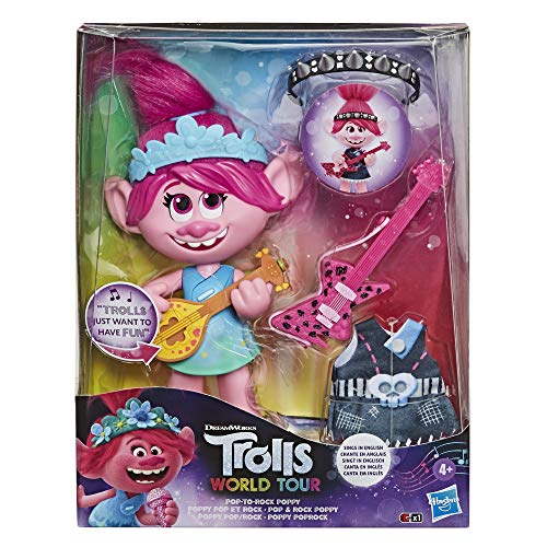 DreamWorks Trolls World Tour Pop-to-Rock Poppy - Muñeca con 2 Looks y Sonidos Diferentes, Toy Sings Trolls Solo Quiere divertirse