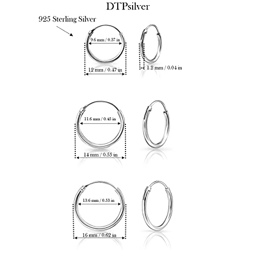 DTPsilver® 3 Pares de Pendientes de Aro/Creoles Muy Pequeños - Plata 925 - Espesor 1.2 mm, Diámetro 12, 14, 16 mm