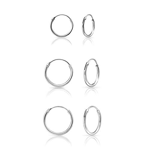 DTPsilver® 3 Pares de Pendientes de Aro/Creoles Muy Pequeños - Plata 925 - Espesor 1.2 mm, Diámetro 12, 14, 16 mm