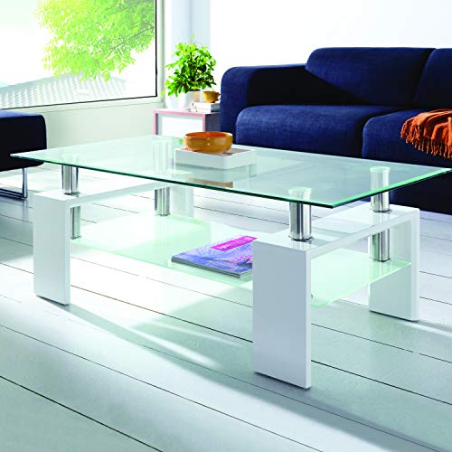 duehome Mesa Centro Moderna de Cristal, Mesita de Salon, Color Blanco Brillo, Medidas: 110 cm (Largo) x 60 cm (Ancho) x 45 cm (Altura)