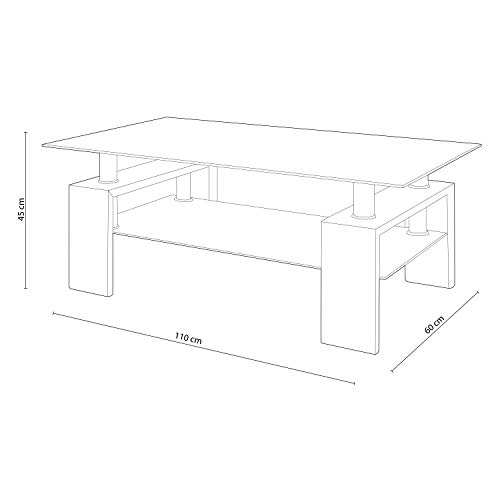 duehome Mesa Centro Moderna de Cristal, Mesita de Salon, Color Blanco Brillo, Medidas: 110 cm (Largo) x 60 cm (Ancho) x 45 cm (Altura)