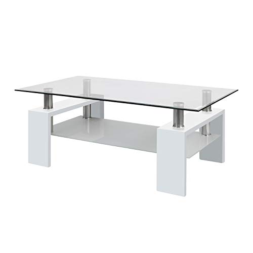 duehome Mesa Centro Moderna de Cristal, Mesita de Salon, Color Blanco Brillo, Medidas: 110 cm (Largo) x 60 cm (Ancho) x 45 cm (Altura)