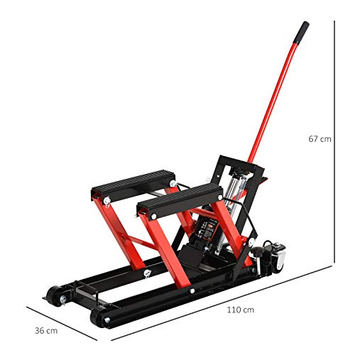 DURHAND Gato Hidráulico de Motocicletas Elevador ATV para Garaje Pista con Plataforma Almohadilla Antideslizante de Alta Resistencia Acero Soporte 680 kg 110x36x67 cm Negro y Rojo