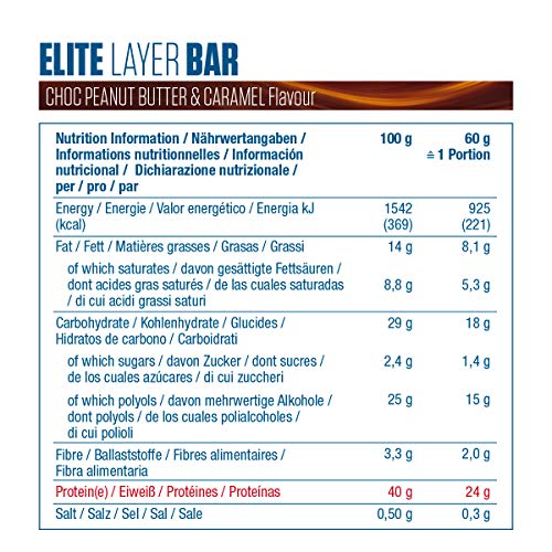Dymatize Elite Layer Bar Peanut Butter & Caramel 18x(2x30g) - Barra alta en Proteína y Baja en Azúcar