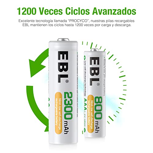 EBL 16 Pack AA AAA Pilas Recargables de 1,2V, 8 x Pilas AA Recargables 2300mAh y 8 x Pilas AAA Recargables 800mAh