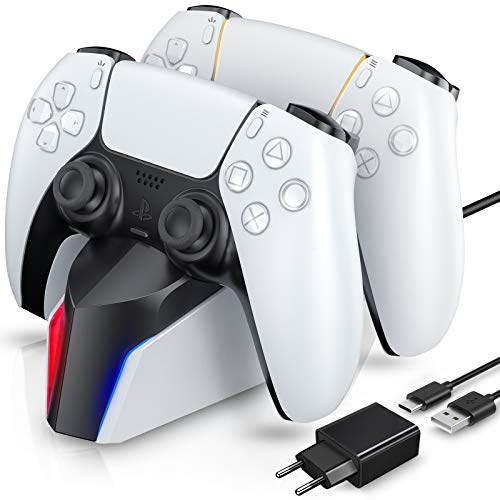 ECCHTPOOWER Cargador para Mandos PS5, Estación de Carga PS5 con LED Indicador y Adaptador de Corriente, 2H Rápido, Base de Carga para Sony Mando Playstation 5