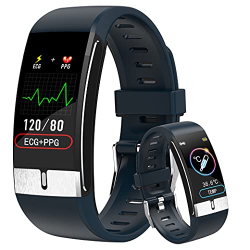 ECG Smartwatch con Temperatura Corporal, Impermeable IP68 Reloj Inteligente Medidor de Frecuencia Cardíaca Medidor de Presión del Tiempo Contador de Calorías Podómetro para Hombre Mujer (Azul)