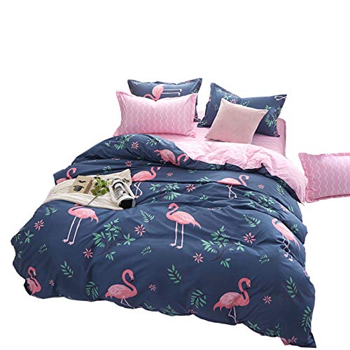 ED-Lumos Juego de Ropa de Cama ４Piezas para Cama 135-150cm Funda nórdica 240x220cm Sábana encimera 230x250cm Funda de Almohada 48x74cm Poliéster Forma Flamenco Color Azul Oscuro